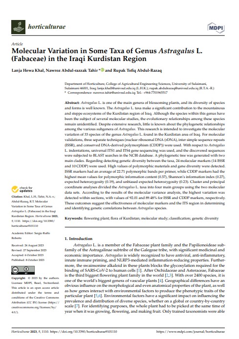 Molecular Variation in Some Taxa of Genus Astragalus L. (Fabaceae) in the Iraqi Kurdistan Region